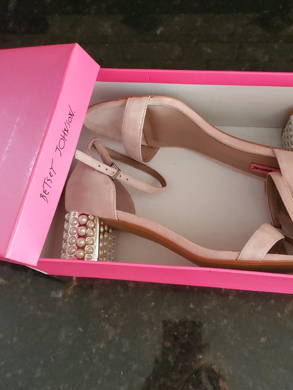Betsey Johnson Pale Pink Suade Ankle Strap Sandals Pearl Block Heel